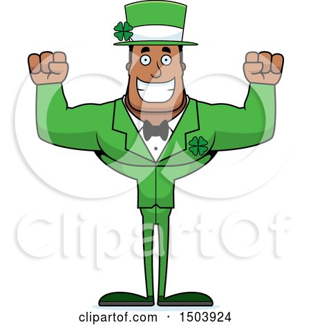 Clipart of a Cheering Buff Black Irish Male Leprechaun - Royalty Free Vector Illustration by Cory Thoman