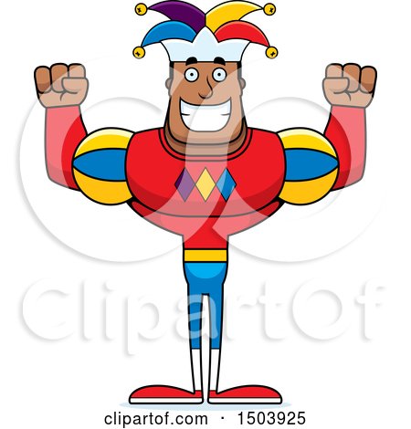 Clipart of a Cheering Buff African American Male Jester - Royalty Free Vector Illustration by Cory Thoman