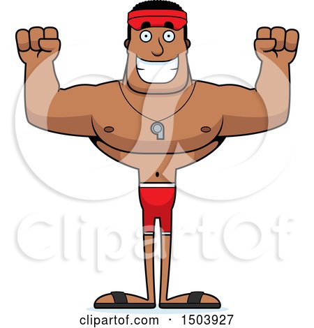 Clipart of a Cheering Buff African American Male Lifeguard - Royalty Free Vector Illustration by Cory Thoman