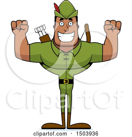Clipart of a Cheering Buff African American Male Robin Hood Archer - Royalty Free Vector Illustration by Cory Thoman