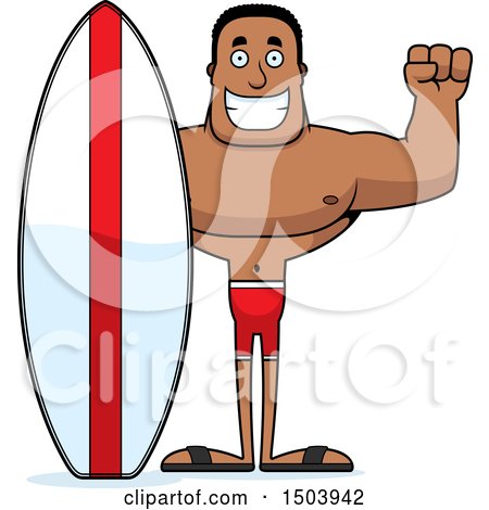 Clipart of a Cheering Buff African American Male Surfer - Royalty Free Vector Illustration by Cory Thoman