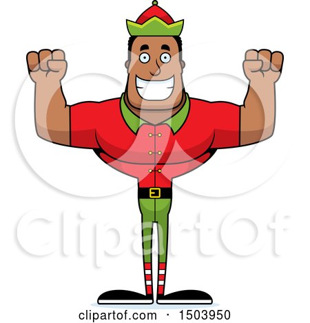Clipart of a Cheering Buff African American Male Christmas Elf - Royalty Free Vector Illustration by Cory Thoman