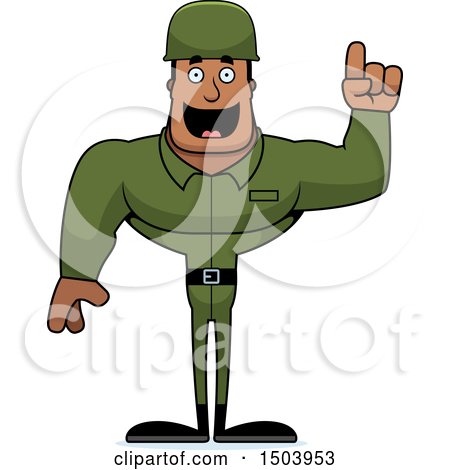 Clipart of a Buff African American Male Army Soldier with an Idea - Royalty Free Vector Illustration by Cory Thoman