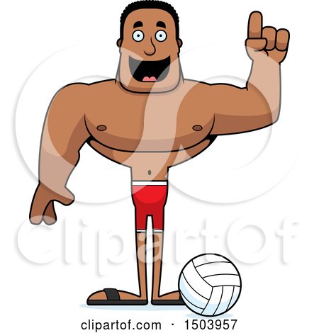 Clipart of a Buff African American Male Beach Volleyball Player with an Idea - Royalty Free Vector Illustration by Cory Thoman