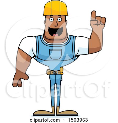 Clipart of a Buff African American Male Construction Worker with an Idea - Royalty Free Vector Illustration by Cory Thoman