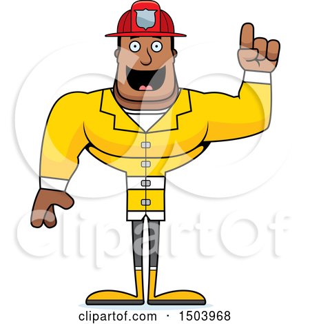 Clipart of a Buff African American Male Fire Fighter with an Idea - Royalty Free Vector Illustration by Cory Thoman