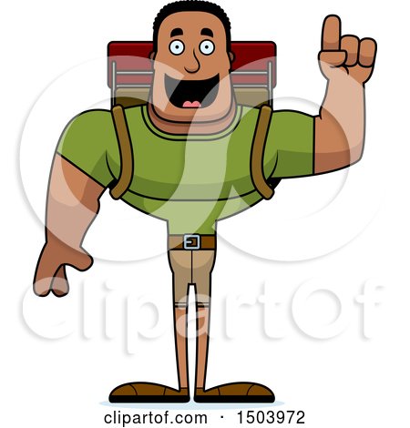 Clipart of a Buff African American Male Hiker with an Idea - Royalty Free Vector Illustration by Cory Thoman