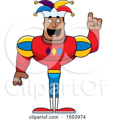 Clipart of a Buff African American Male Jester with an Idea - Royalty Free Vector Illustration by Cory Thoman
