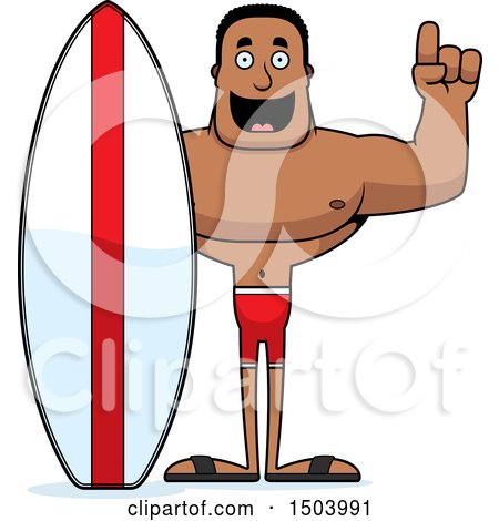 Clipart of a Buff African American Male Surfer with an Idea - Royalty Free Vector Illustration by Cory Thoman