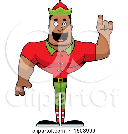 Clipart of a Buff African American Male Christmas Elf with an Idea - Royalty Free Vector Illustration by Cory Thoman