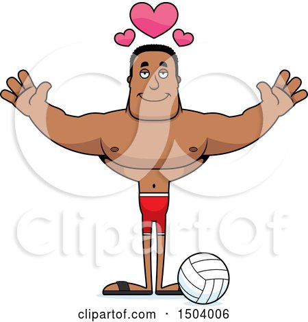 Clipart of a Buff African American Male Beach Volleyball Player with Open Arms - Royalty Free Vector Illustration by Cory Thoman