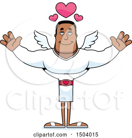 Clipart of a Buff African American Male Cupid with Open Arms - Royalty Free Vector Illustration by Cory Thoman