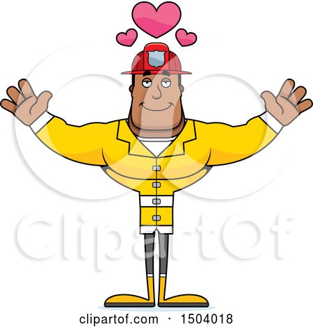 Clipart of a Buff African American Male Fire Fighter with Open Arms - Royalty Free Vector Illustration by Cory Thoman
