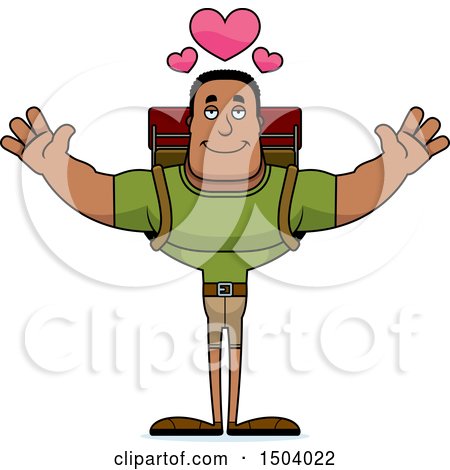 Clipart of a Buff African American Male Hiker with Open Arms - Royalty Free Vector Illustration by Cory Thoman