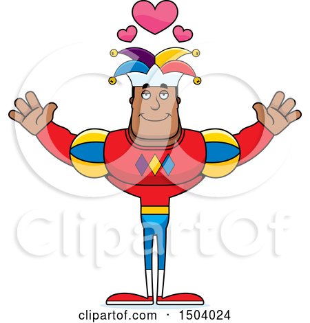 Clipart of a Buff African American Male Jester with Open Arms - Royalty Free Vector Illustration by Cory Thoman