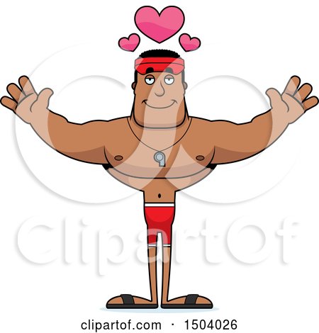 Clipart of a Buff African American Male Lifeguard with Open Arms - Royalty Free Vector Illustration by Cory Thoman