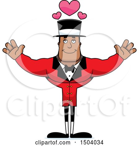 Clipart of a Buff African American Male Circus Ringmaster with Open Arms - Royalty Free Vector Illustration by Cory Thoman