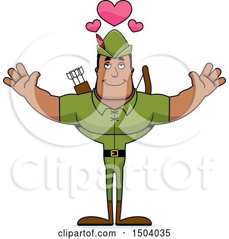 Clipart of a Buff African American Male Robin Hood Archer with Open Arms - Royalty Free Vector Illustration by Cory Thoman