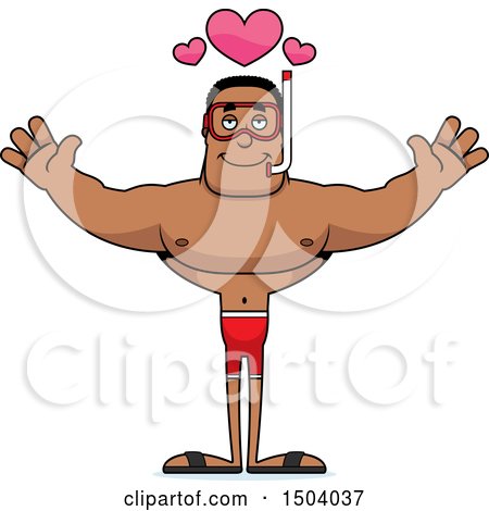 Clipart of a Buff African American Male Snorkeler with Open Arms - Royalty Free Vector Illustration by Cory Thoman