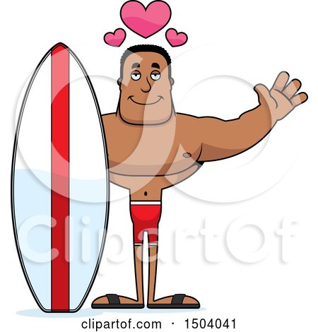 Clipart of a Buff African American Male Surfer with Open Arms - Royalty Free Vector Illustration by Cory Thoman