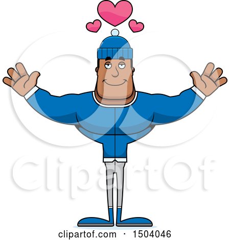 Clipart of a Buff African American Winter Man with Open Arms - Royalty Free Vector Illustration by Cory Thoman