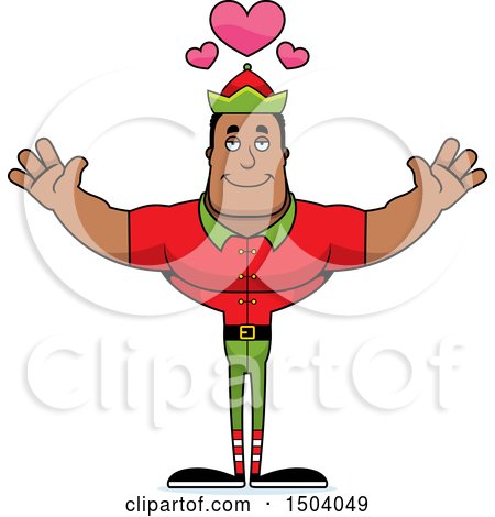 Clipart of a Buff African American Male Christmas Elf with Open Arms - Royalty Free Vector Illustration by Cory Thoman