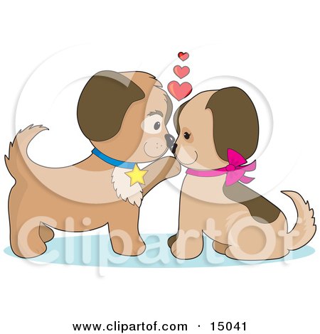 Two Dogs In Puppy Love, Kissing And Looking Eachother In The Eyes Clipart Illustration by Maria Bell