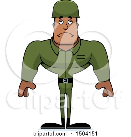 Clipart of a Sad Buff African American Male Army Soldier - Royalty Free Vector Illustration by Cory Thoman