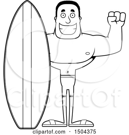 Clipart of a Black and White Cheering Buff African American Male Surfer - Royalty Free Vector Illustration by Cory Thoman
