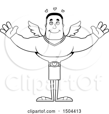 Clipart of a Black and White Buff African American Male Cupid with Open Arms - Royalty Free Vector Illustration by Cory Thoman
