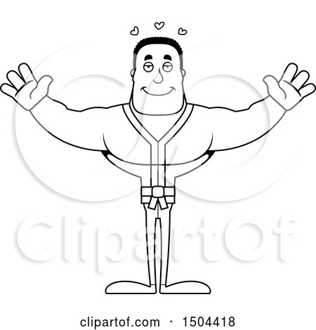 Clipart of a Black and White Buff African American Karate Man with Open Arms - Royalty Free Vector Illustration by Cory Thoman