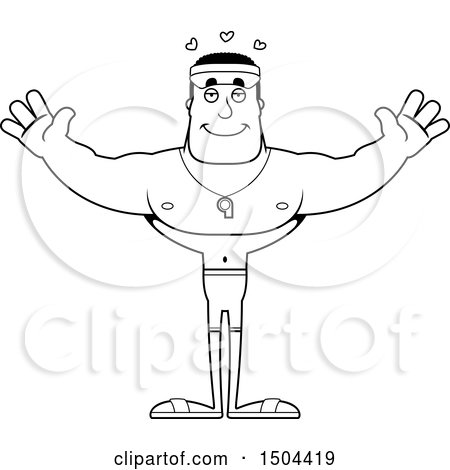 Clipart of a Black and White Buff African American Male Lifeguard with Open Arms - Royalty Free Vector Illustration by Cory Thoman