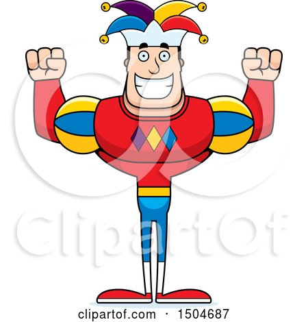 Clipart of a Cheering Buff Caucasian Male Jester - Royalty Free Vector Illustration by Cory Thoman
