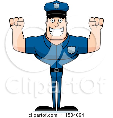 Clipart of a Cheering Buff Caucasian Male Police Officer - Royalty Free Vector Illustration by Cory Thoman