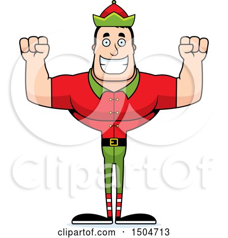 Clipart of a Cheering Buff Caucasian Male Christmas Elf - Royalty Free Vector Illustration by Cory Thoman