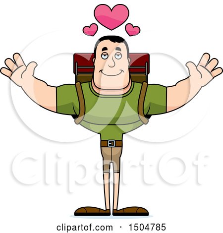 Clipart of a Buff Caucasian Male Hiker with Hearts and Open Arms - Royalty Free Vector Illustration by Cory Thoman