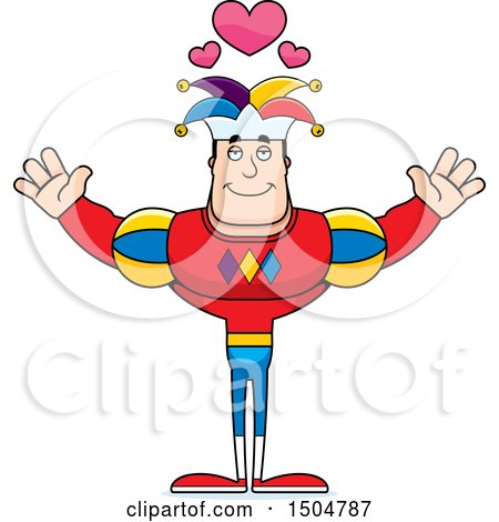 Clipart of a Buff Caucasian Male Jester with Open Arms and Hearts - Royalty Free Vector Illustration by Cory Thoman