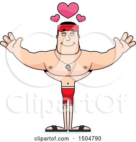 Clipart of a Buff Caucasian Male Lifeguard with Open Arms and Hearts - Royalty Free Vector Illustration by Cory Thoman