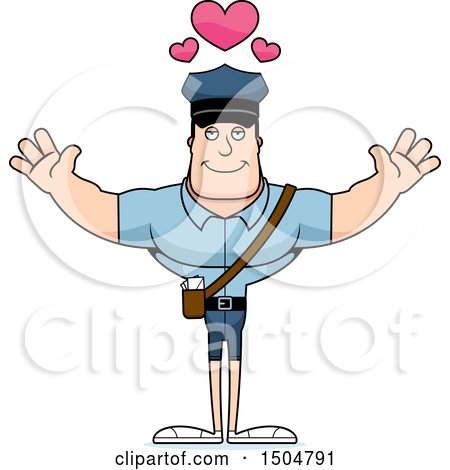 Clipart of a Buff Caucasian Male Postal Worker with Open Arms and Hearts - Royalty Free Vector Illustration by Cory Thoman