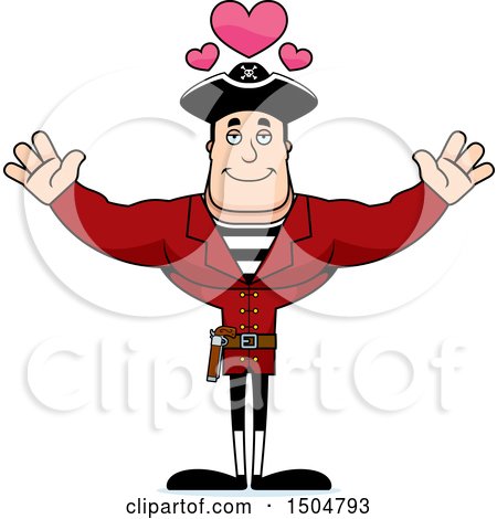 Clipart of a Buff Caucasian Male Pirate Captain with Hearts and Open Arms - Royalty Free Vector Illustration by Cory Thoman