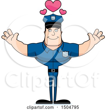 Clipart of a Buff Caucasian Male Police Officer with Hearts and Open Arms - Royalty Free Vector Illustration by Cory Thoman