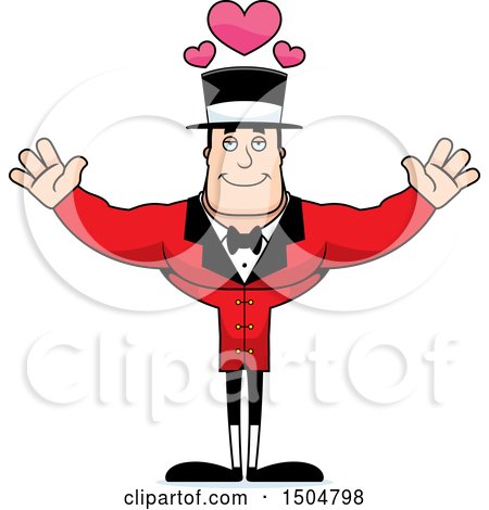 Clipart of a Buff Caucasian Male Circus Ringmaster with Open Arms and Hearts - Royalty Free Vector Illustration by Cory Thoman