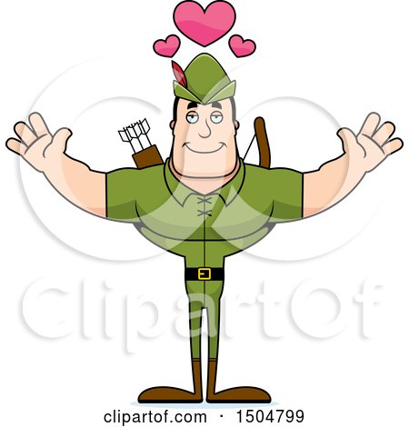 Clipart of a Buff Caucasian Male Archer or Robin Hood with Hearts and Open Arms - Royalty Free Vector Illustration by Cory Thoman