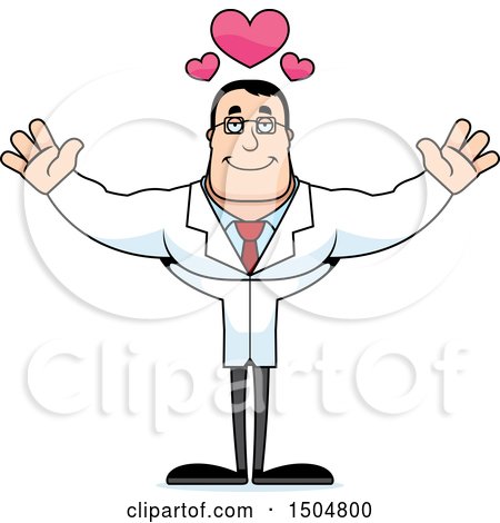 Clipart of a Buff Caucasian Male Scientist with Open Arms and Hearts - Royalty Free Vector Illustration by Cory Thoman
