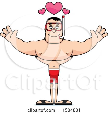 Clipart of a Buff Caucasian Male in Snorkel Gear, with Open Arms and Hearts - Royalty Free Vector Illustration by Cory Thoman