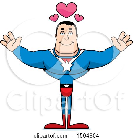 Clipart of a Buff Caucasian Male Super Hero with Hearts and Open Arms - Royalty Free Vector Illustration by Cory Thoman