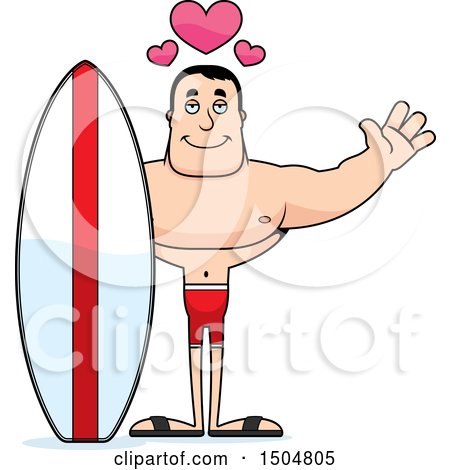 Clipart of a Buff Caucasian Male Surfer with Open Arms and Hearts - Royalty Free Vector Illustration by Cory Thoman