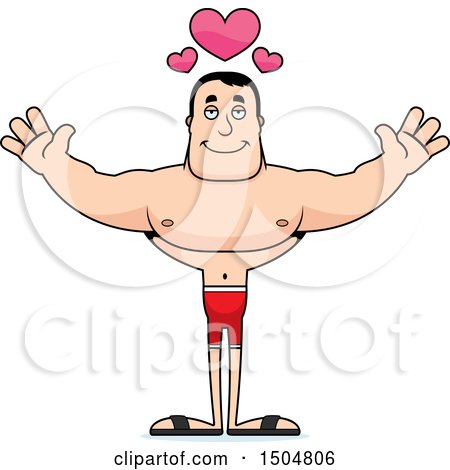 Clipart of a Buff Caucasian Male Swimmer with Open Arms and Hearts - Royalty Free Vector Illustration by Cory Thoman