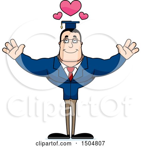 Clipart of a Buff Caucasian Male Teacher with Hearts and Open Arms - Royalty Free Vector Illustration by Cory Thoman