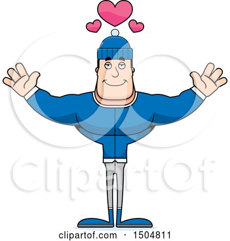 Clipart of a Buff Caucasian Man in Winter Apparel, with Open Arms and Hearts - Royalty Free Vector Illustration by Cory Thoman